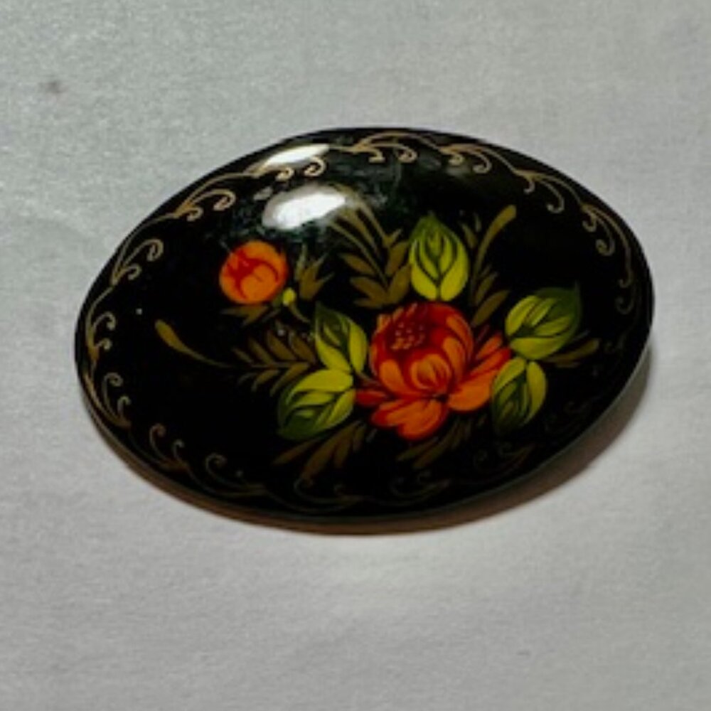 Stunning Handpainted Russian Wooden Lacquer Brooch